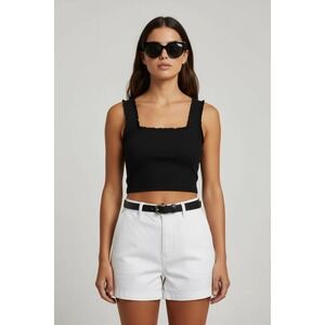 ZARA Black Ribbed Large Square Neck Ruffle Trim Crop Tank Top Women's